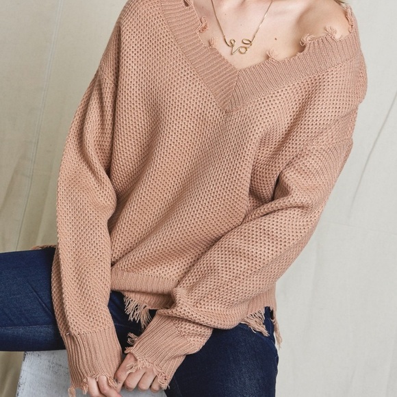Sweaters - V-neck Distressed Sweater